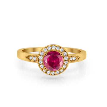 Halo Art Deco Engagement Ring Round Yellow Tone, Simulated Ruby CZ 925 Sterling Silver